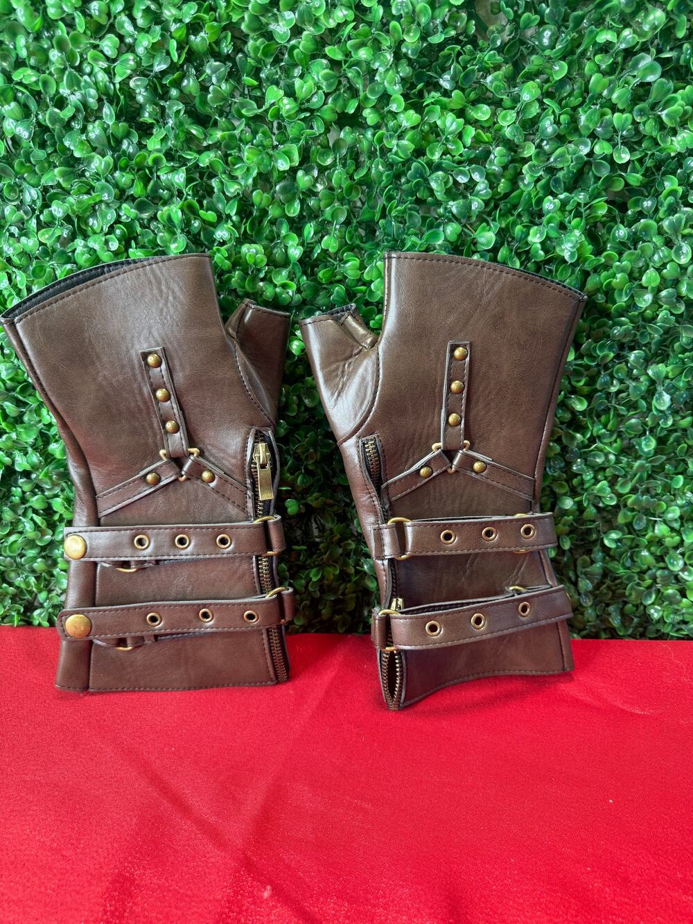 Steampunk Gloves Dark Brown Faux Leather Buckles Rivets Side Zipper Costume Mens